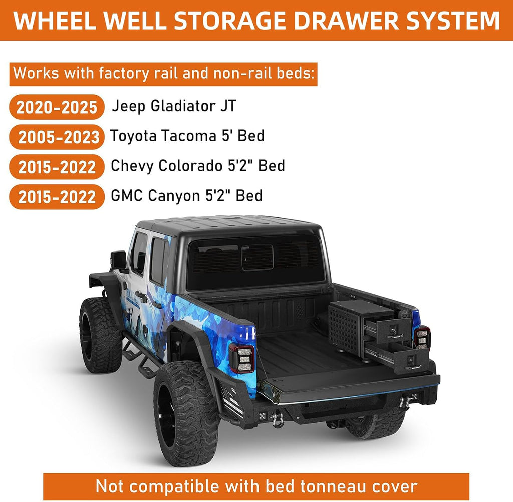 Hooke Road Truck Bed Tool Box MOLLE Panel for Jeep Gladiator JT, Toyota Tacoma 5' Bed, Chevy Colorado & GMC Canyon 5'2' Bed, Wheel Well Lockable Toolbox Security Tool Organizer
