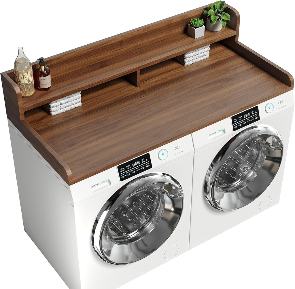 2-Tier Washer Dryer Countertop with 2.75' H Edge Rails, 58' W x 28' D Laundry Countertop for Folding Clothes, Washer and Dryer Topper with Non-Slip Pad (Dark Walnut)