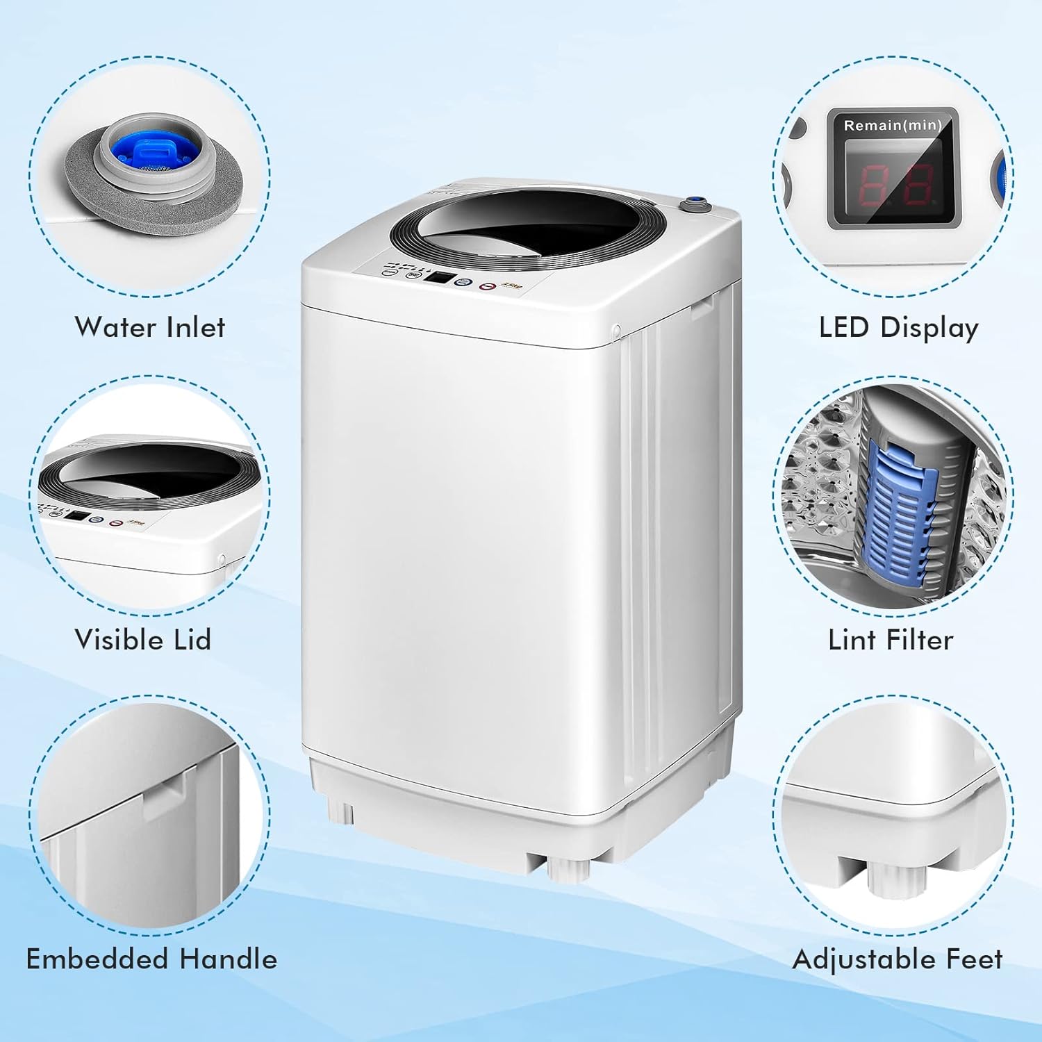 ARLIME Portable Washing Machine 1.2 Cu.ft, 8 lbs Capacity, Built-in Drain Pump, Full-automatic Washer and Dryer Combo for Apartment, RV, Dorm