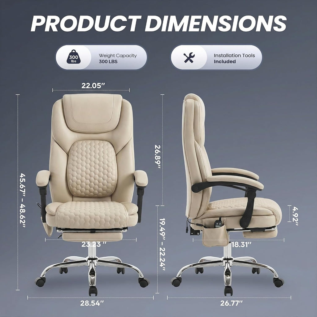 MALOL Massage Office Chair with Heat and Footrest - 3-Level 65°C Targeted Heating, 20-Min Easy Assembly Leather Desk Chair, Big and Tall Executive Computer Chair with Side Pocket, 300 lbs, Beige