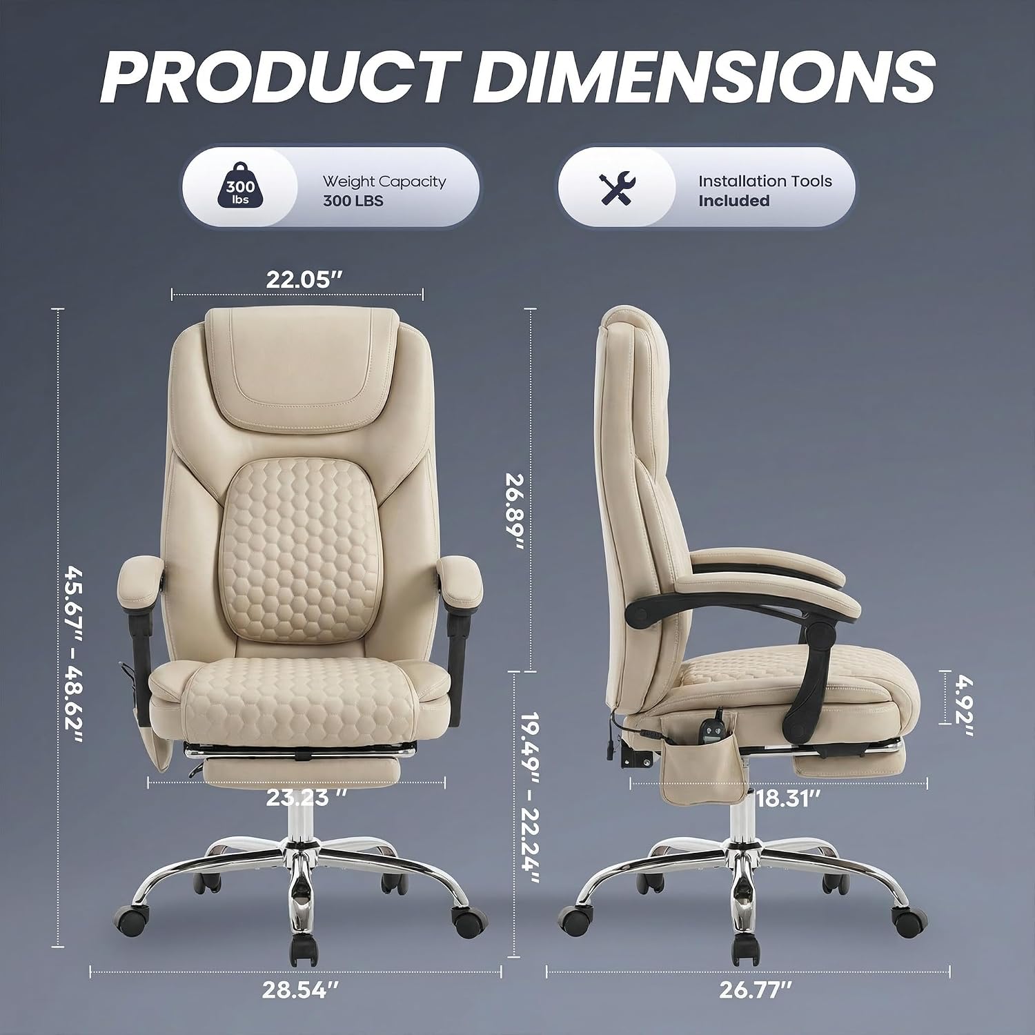 MALOL Massage Office Chair with Heat and Footrest - 3-Level 65°C Targeted Heating, 20-Min Easy Assembly Leather Desk Chair, Big and Tall Executive Computer Chair with Side Pocket, 300 lbs, Beige