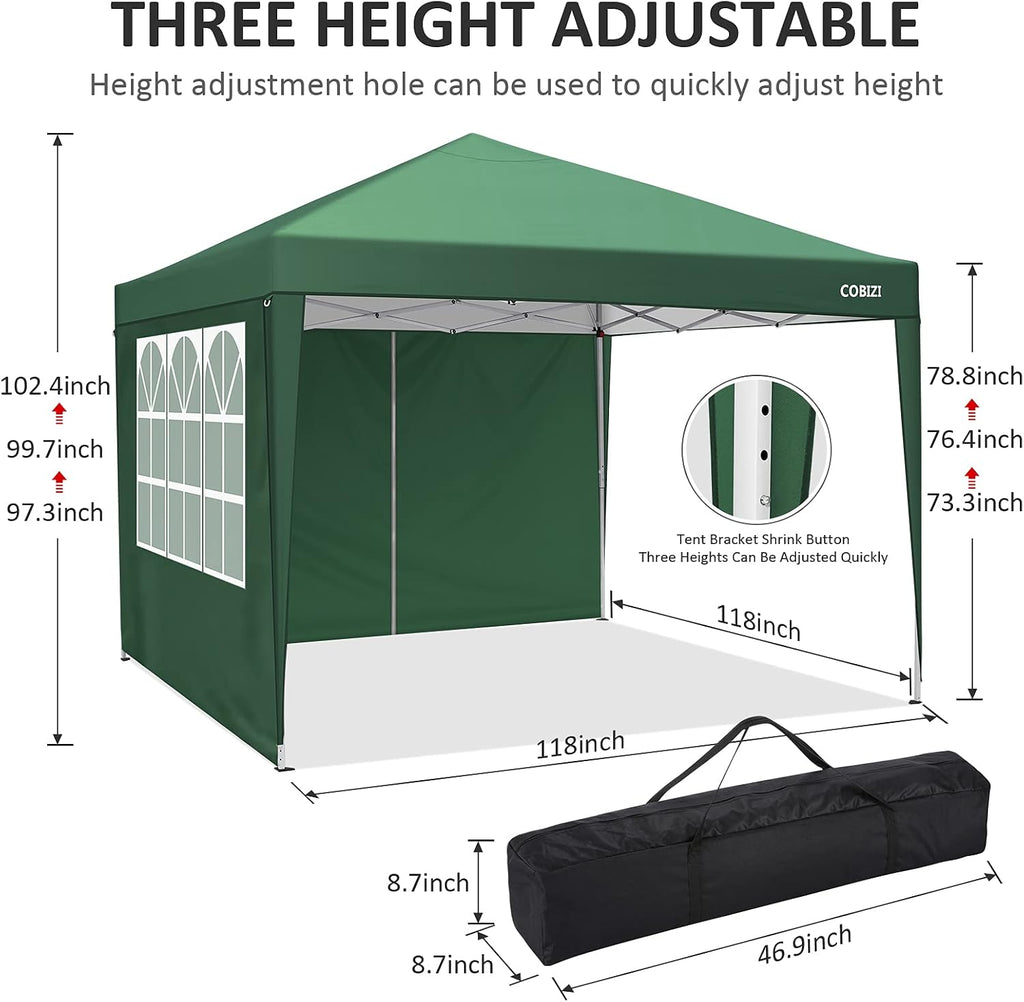 COBIZI 10x10 Pop Up Canopy Tent with 4 Sidewalls,10x10 Ez Up Waterproof Canopy Tents for Parties Camping Exhibition, Outdoor Easy Set U Gazebo Tent with Carry Bag,8 Stakes & 4 Ropes(Green