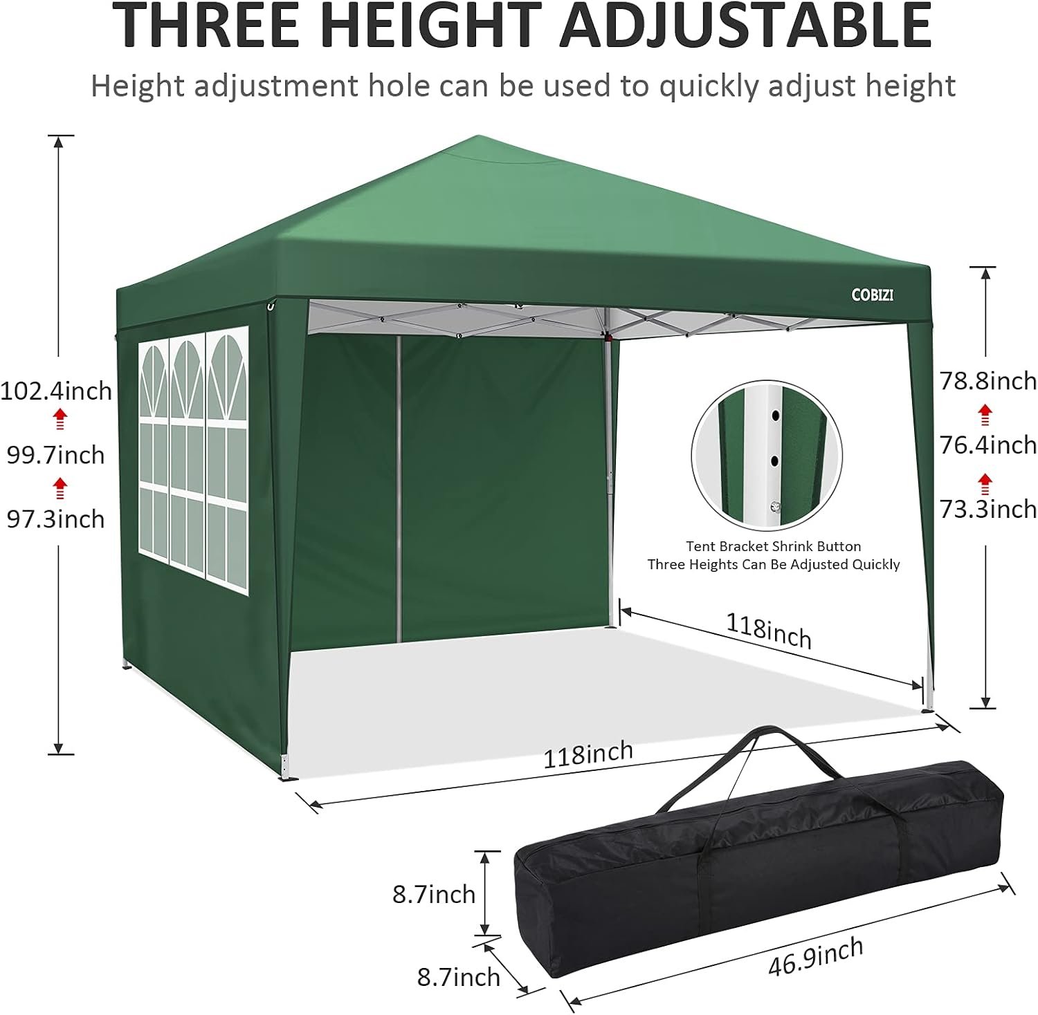 COBIZI 10x10 Pop Up Canopy Tent with 4 Sidewalls,10x10 Ez Up Waterproof Canopy Tents for Parties Camping Exhibition, Outdoor Easy Set U Gazebo Tent with Carry Bag,8 Stakes & 4 Ropes(Green