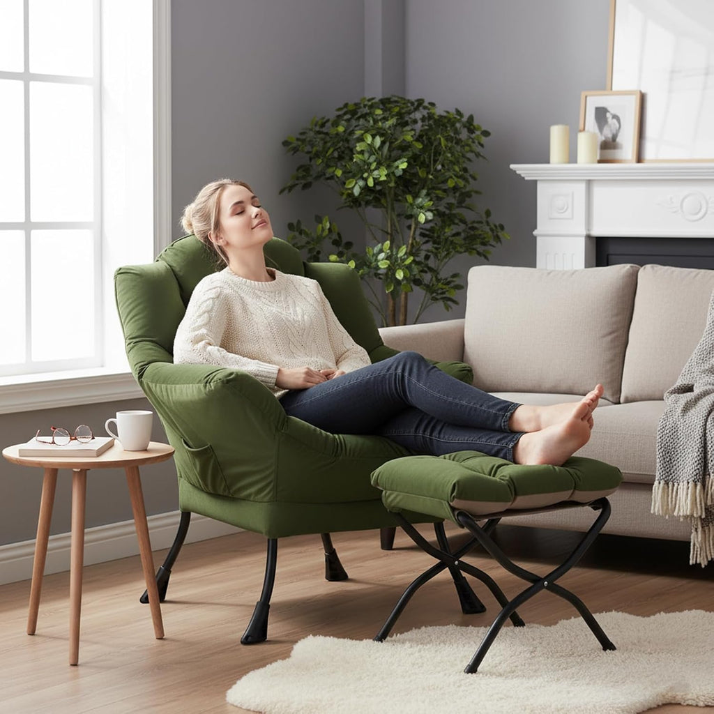 Welnow Lazy Chair with Ottoman, Modern Reading Accent Chair with Armrests and a Side Pocket, Leisure Upholstered Lazy Sofa Set with Footrest for Small Space, Army Green