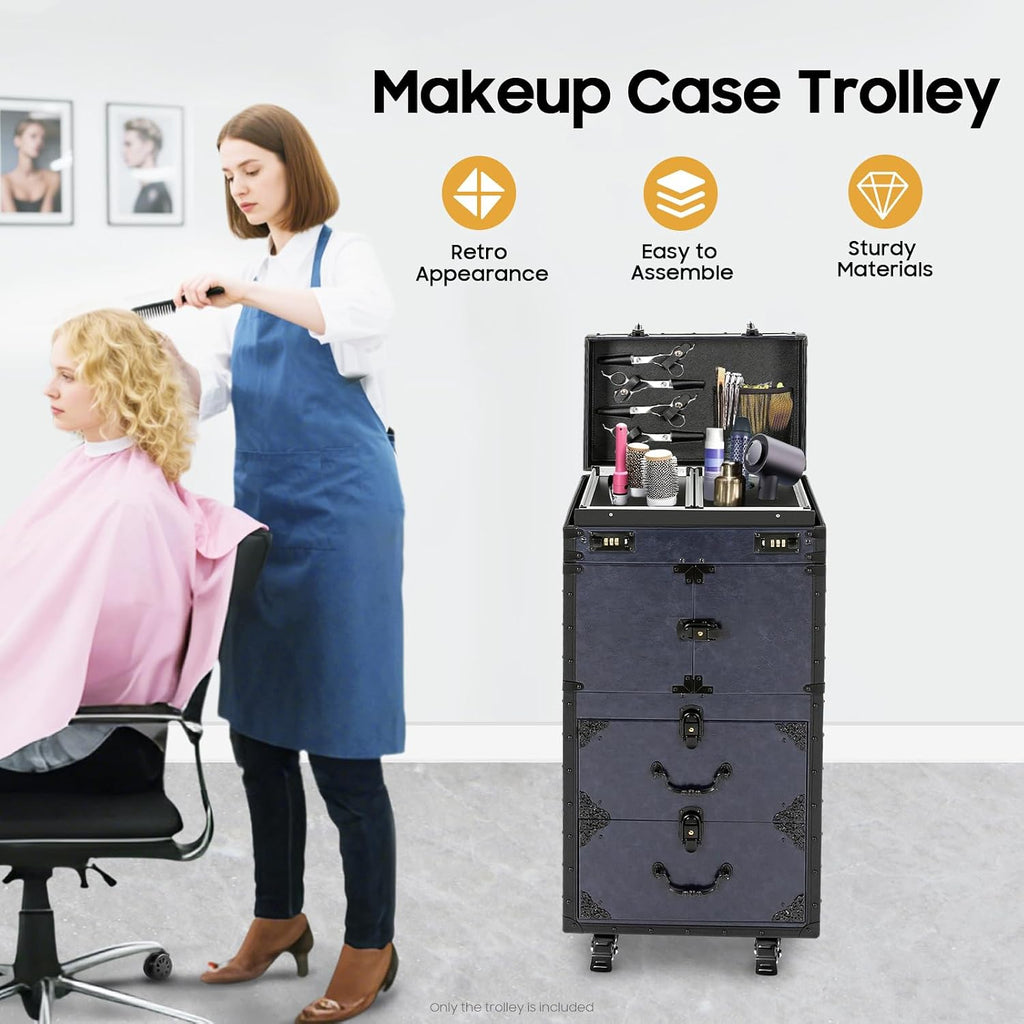 Rolling Lockable Makeup Train Case, Cosmetology Case on Wheels Hairstylist Traveling Bag with Hairdryer Holder, Salon Storage Toolbox with Carry Handle and Trolley, 15.15*10*31.7in (Blue)