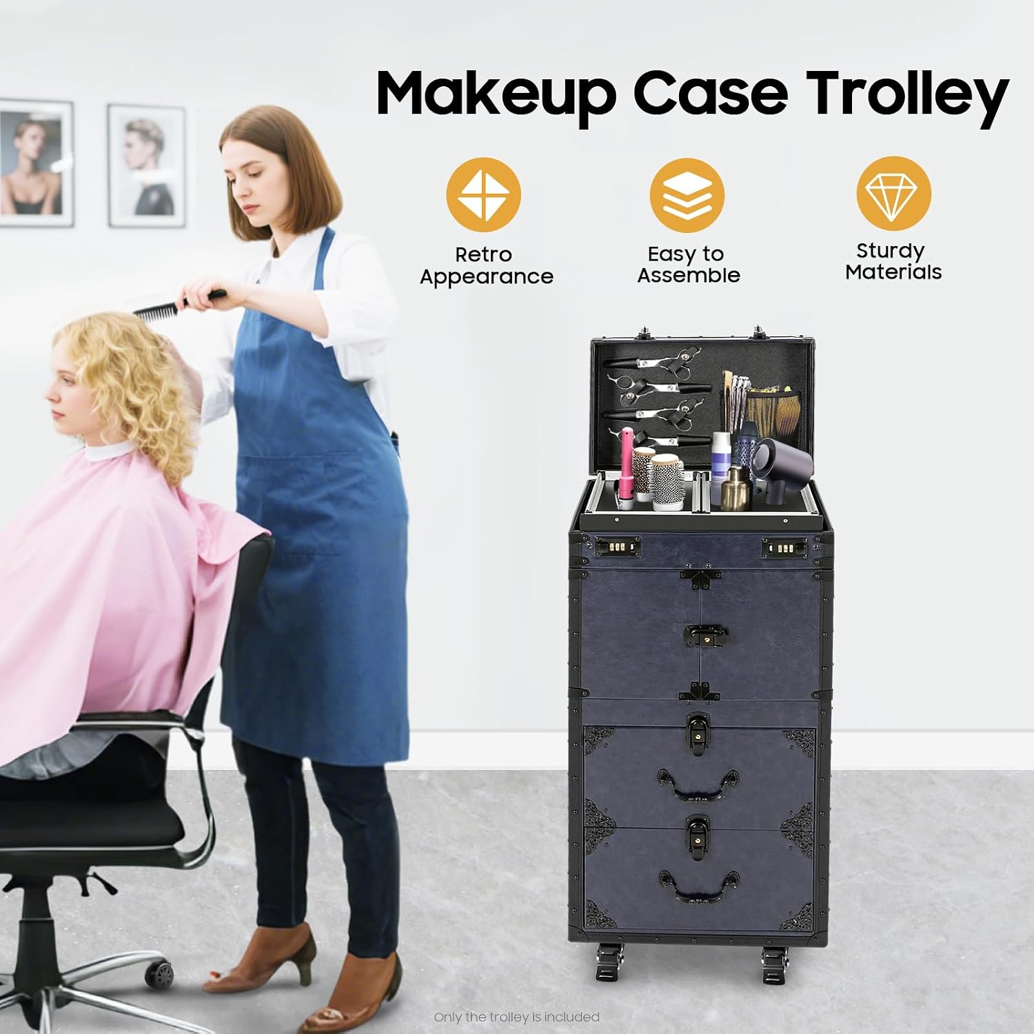 Rolling Lockable Makeup Train Case, Cosmetology Case on Wheels Hairstylist Traveling Bag with Hairdryer Holder, Salon Storage Toolbox with Carry Handle and Trolley, 15.15*10*31.7in (Blue)