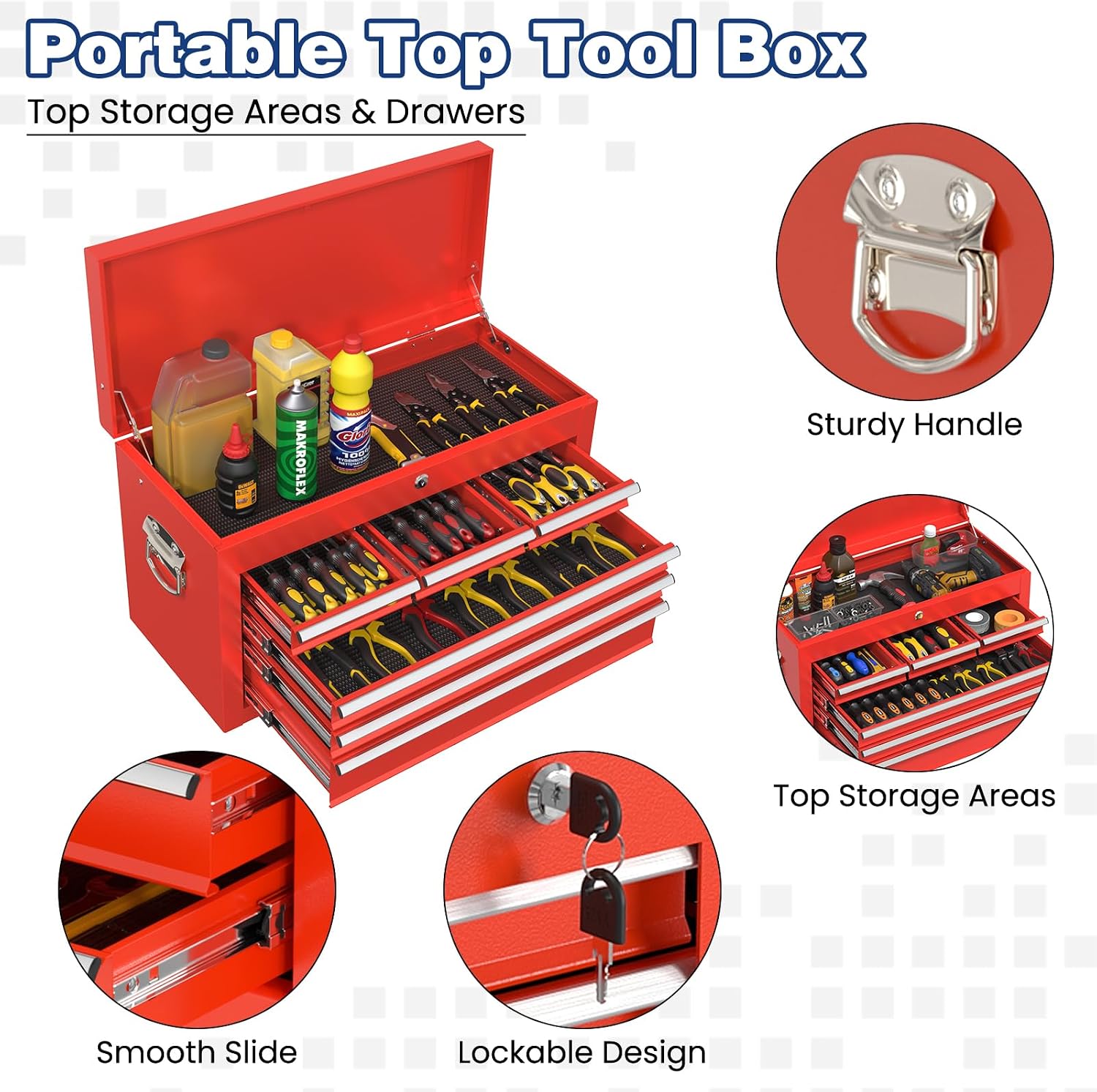 Rolling Tool Box with Wheels, 8-Drawer High Capacity Tool Chest with Wheels, Removable Storage Toolbox with Lock for Garage, Workshop (Red)