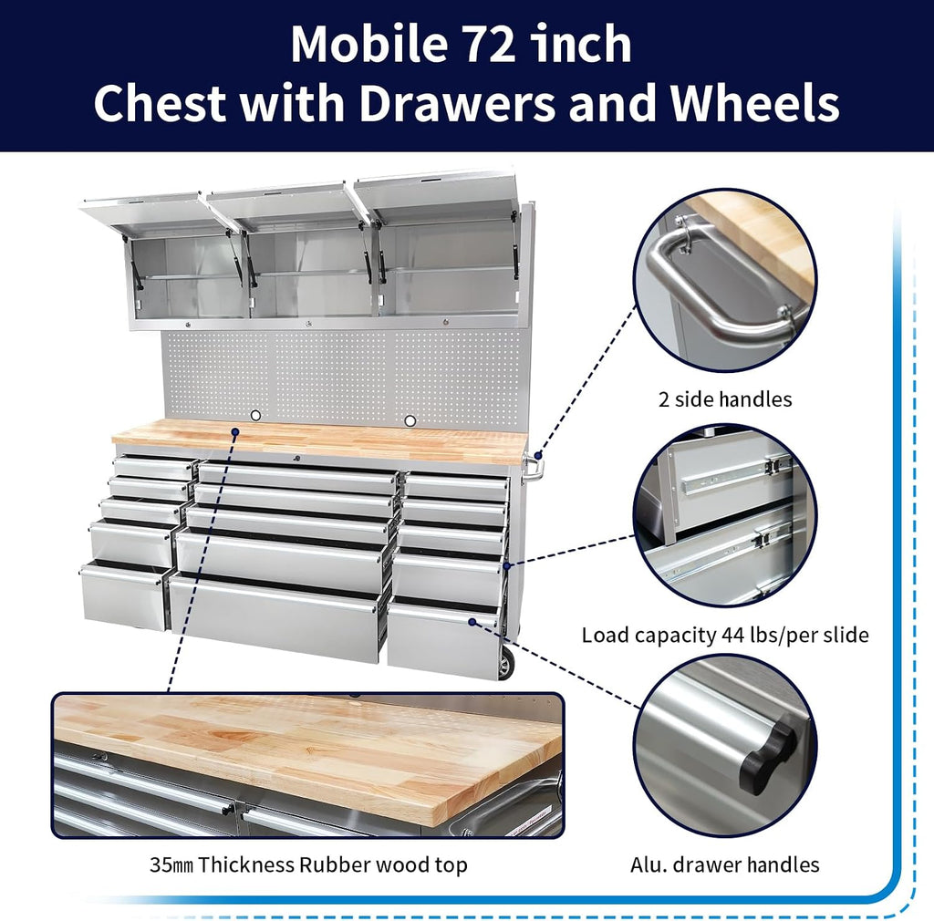 CHETTO C 72 inch Tool Chest Tool Box Mobile 15 Drawers Storage 3 Upper Cabinets SS-Pegboard Rolling Cabinet with Wheels Lock Key Locking System Drawer Liners for Garage Warehouse Repair Shop