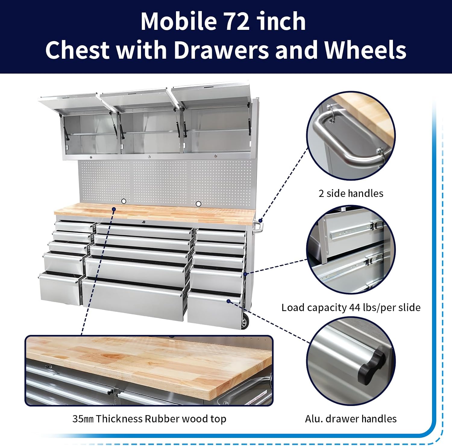 CHETTO C 72 inch Tool Chest Tool Box Mobile 15 Drawers Storage 3 Upper Cabinets SS-Pegboard Rolling Cabinet with Wheels Lock Key Locking System Drawer Liners for Garage Warehouse Repair Shop