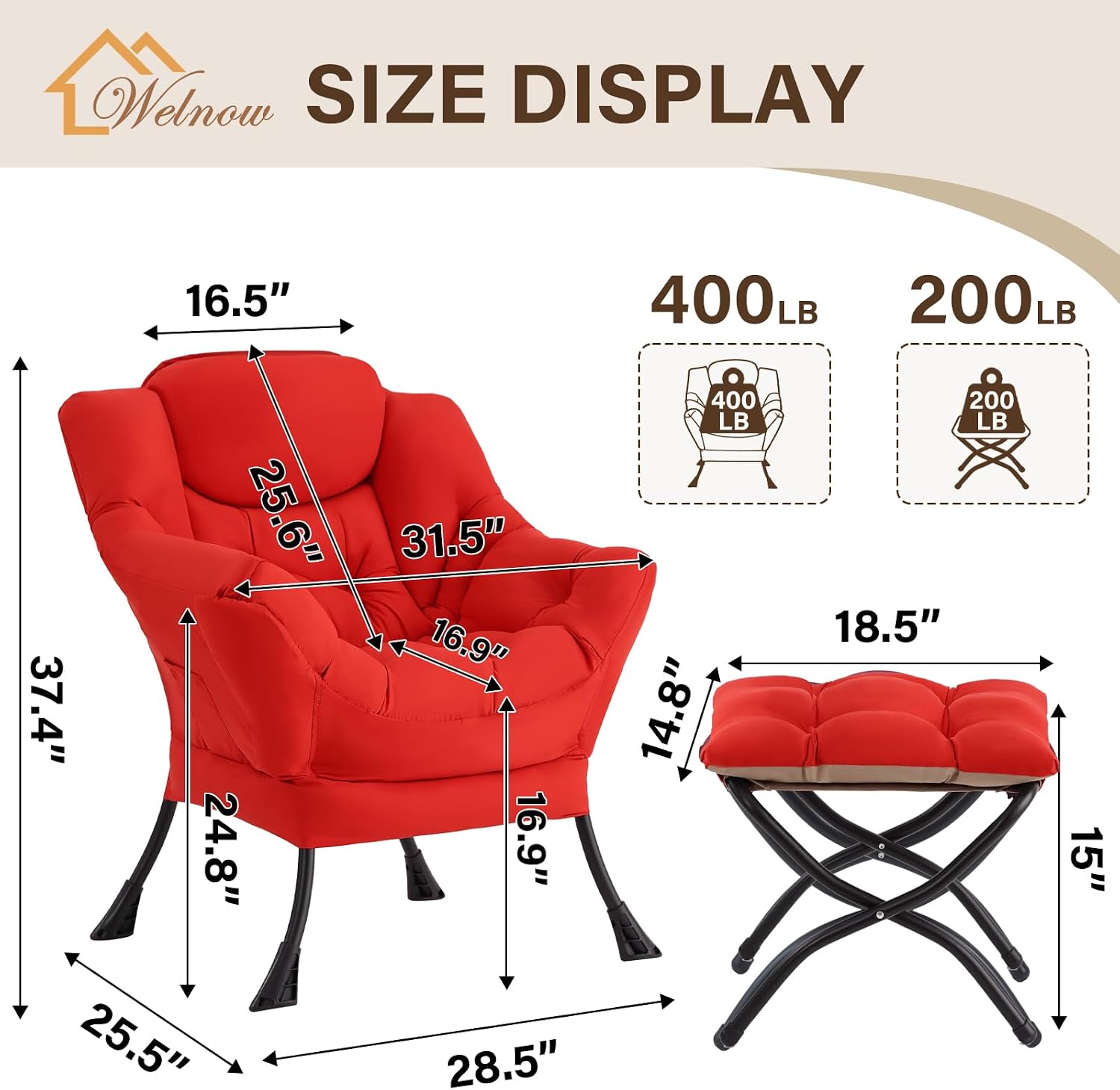 Welnow Lazy Chair with Ottoman, Modern Accent Chair with Armrests and a Side Pocket, Leisure Sofa Armchair Set, Reading Armchair with Footrest for Small Space, Red
