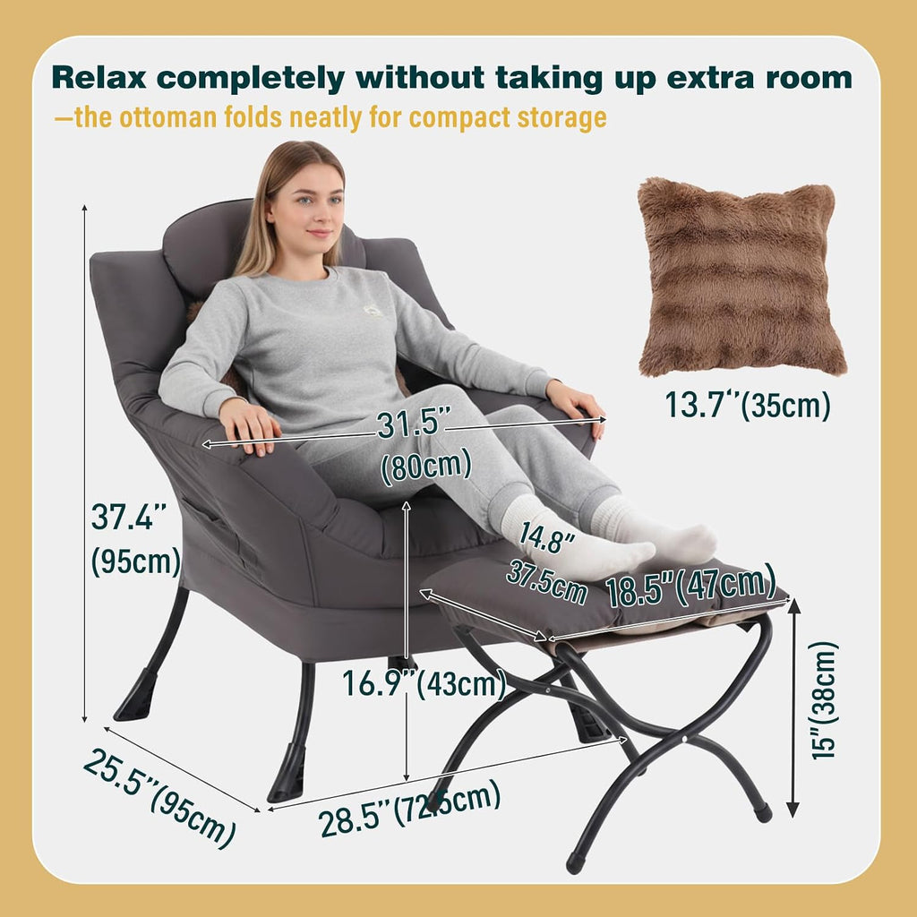 Lazy Chair with Ottoman, Large Accent Chair with Ottoman and a Throw Pillow, Shadow Grey Reading Chair for Living Room Bedroom Dorm Room Office Apartment Relaxing Use
