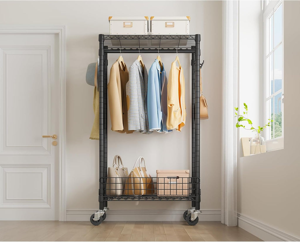 VIPEK R1 Rolling Clothes Rack with Pegboard Organizer Portable Closet for Hanging Clothes with Lockable Wheels & Removable Basket, Compact Clothing Rack for Small Spaces Apartments/Bedroom, Black
