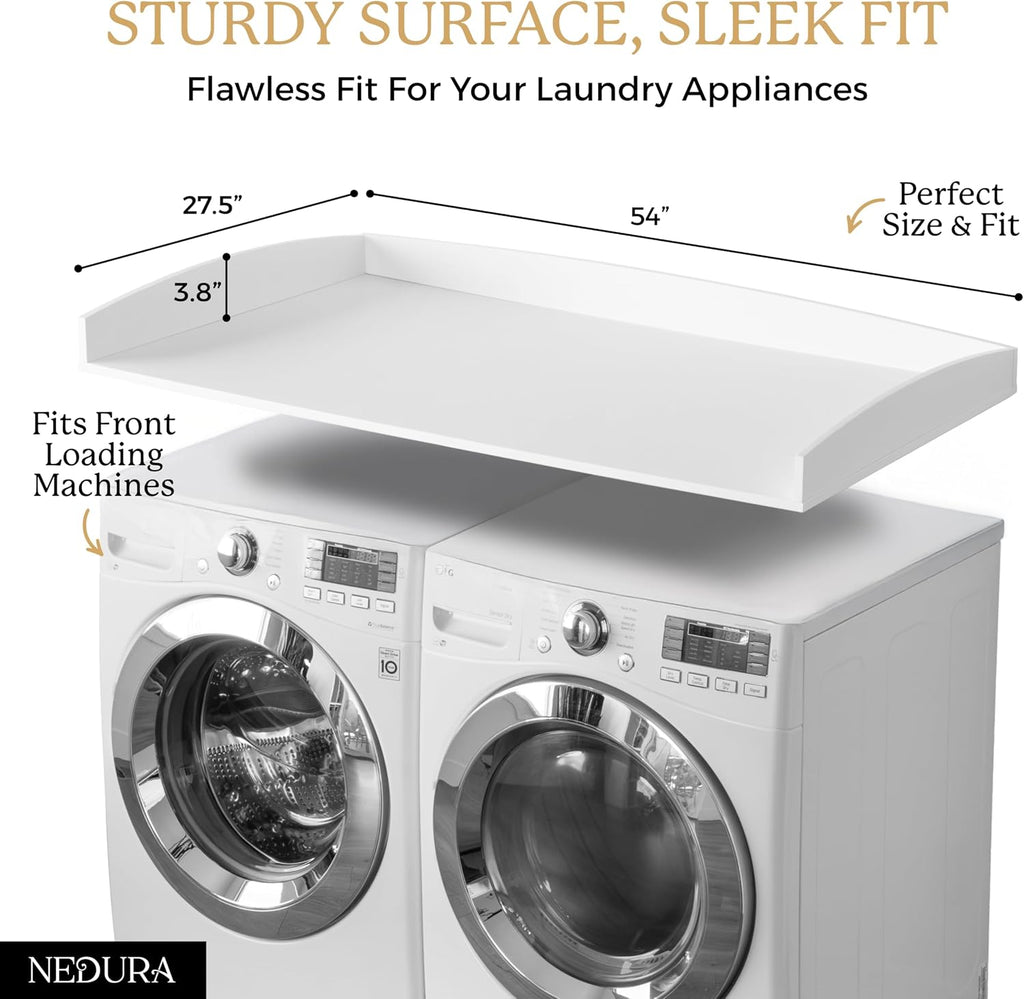 Nedura Washer Dryer Countertop for Washing Machine w/Anti-Vibration Pads &Curved Edge Rails, Premium Bamboo Laundry Countertop, Washer Dryer Topper, Laundry Room Organization, Laundry Accessory-White