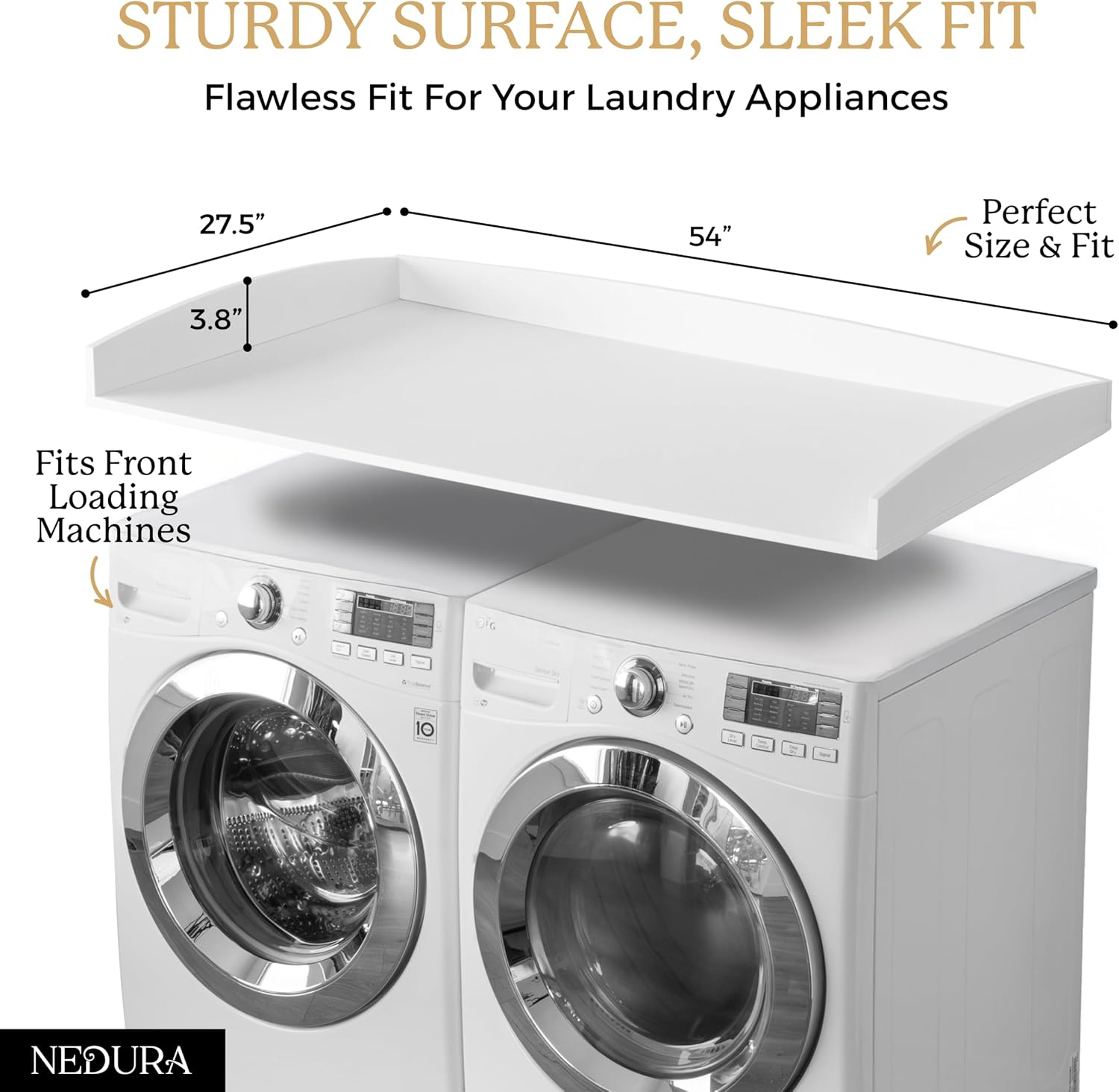 Nedura Washer Dryer Countertop for Washing Machine w/Anti-Vibration Pads &Curved Edge Rails, Premium Bamboo Laundry Countertop, Washer Dryer Topper, Laundry Room Organization, Laundry Accessory-White
