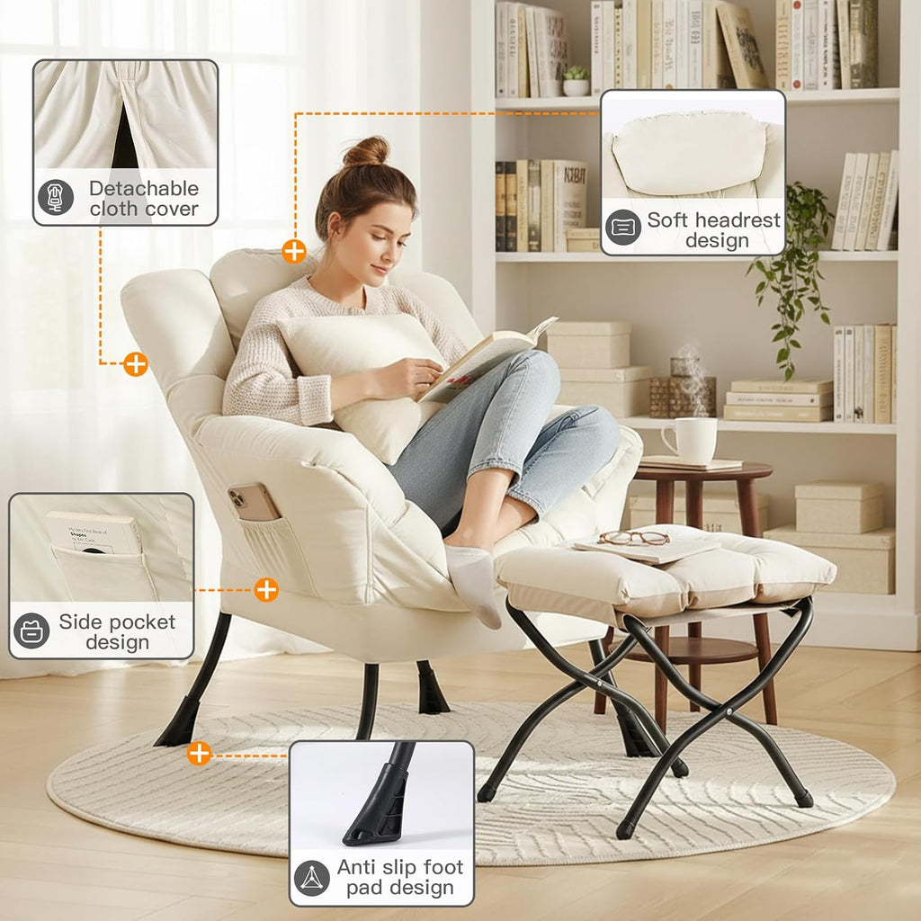 Lvory Lazy Chair with Ottoman, Large Velvet Accent Chair with a Throw Pillow, Comfy Leisure Sofa Chair for Living Room Bedroom Dorm Room Office Apartment Reading Relaxing Use