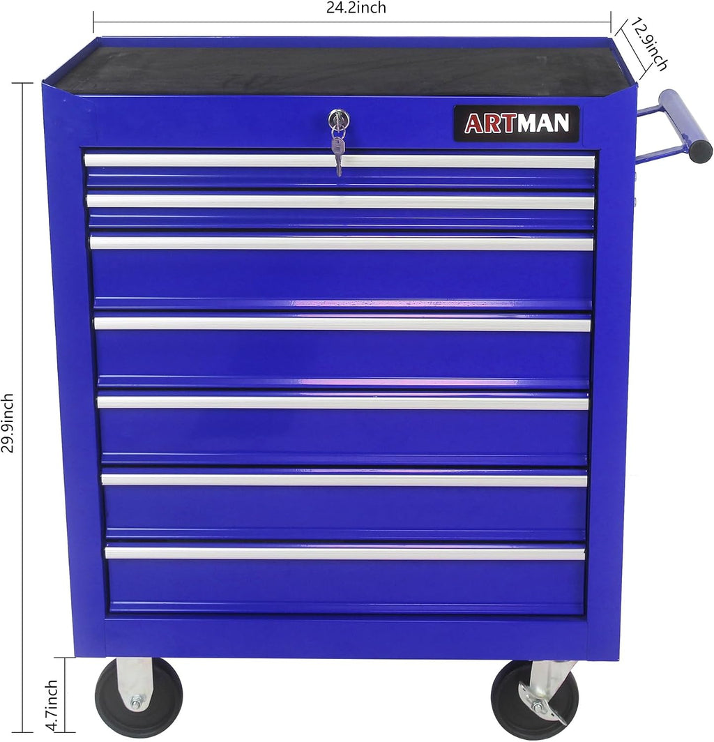 7 Drawer Tool Cart: Multifunctional US General Tool Box on Wheels and Rolling Toolbox (Blue)