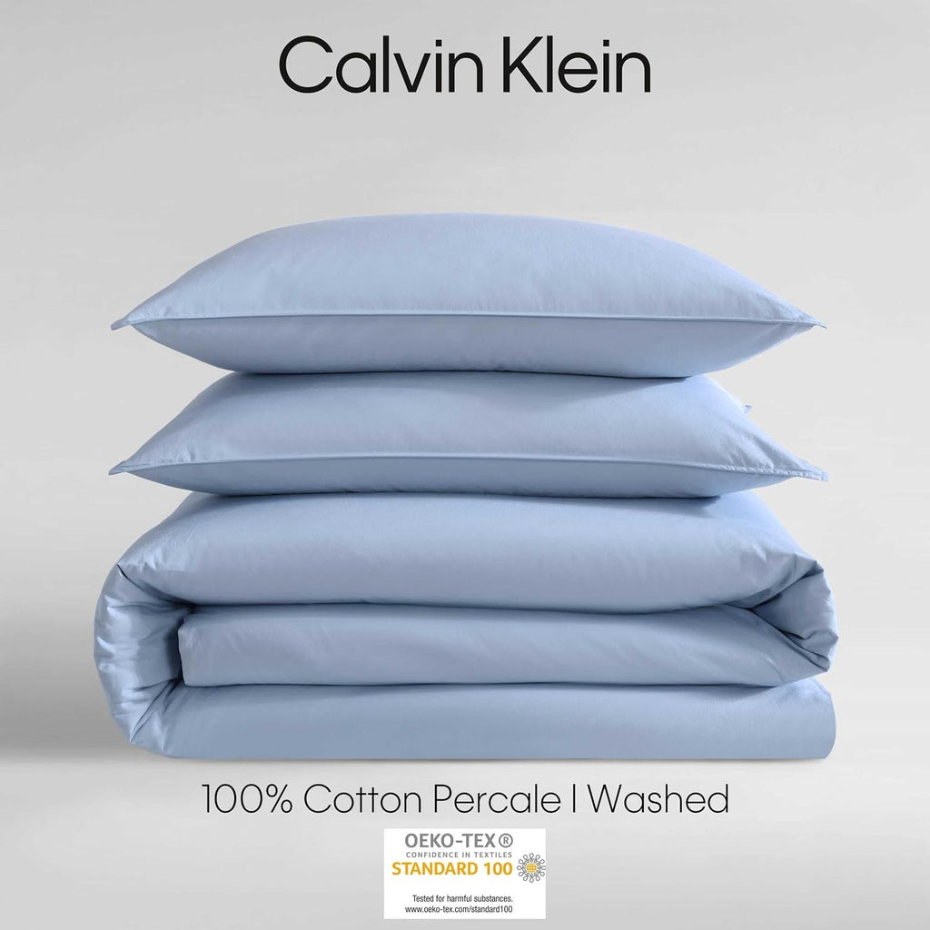 Calvin Klein - Twin/Twin XL Comforter Set, Modern Cotton Washed Percale Bedding with Matching Shams, Oeko-Tex Certified (Washed Percale Blue, Twin/Twin XL)