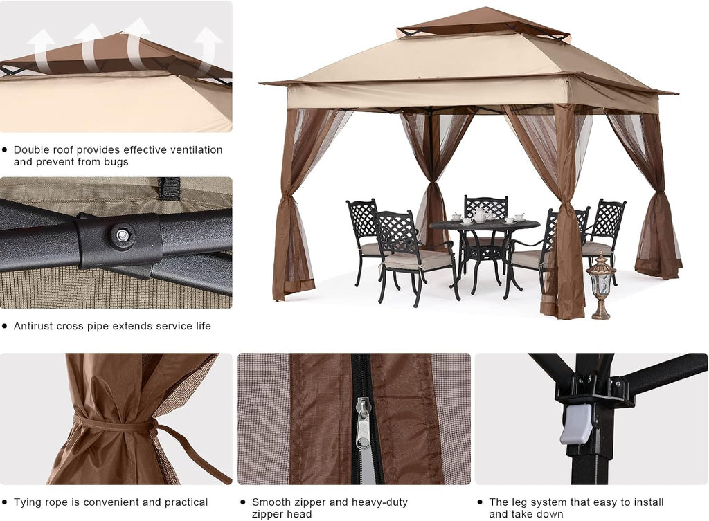 MASTERCANOPY Patio Gazebo Outdoor Pop Up Gazebo with Mesh Walls (11x11,Champagne)