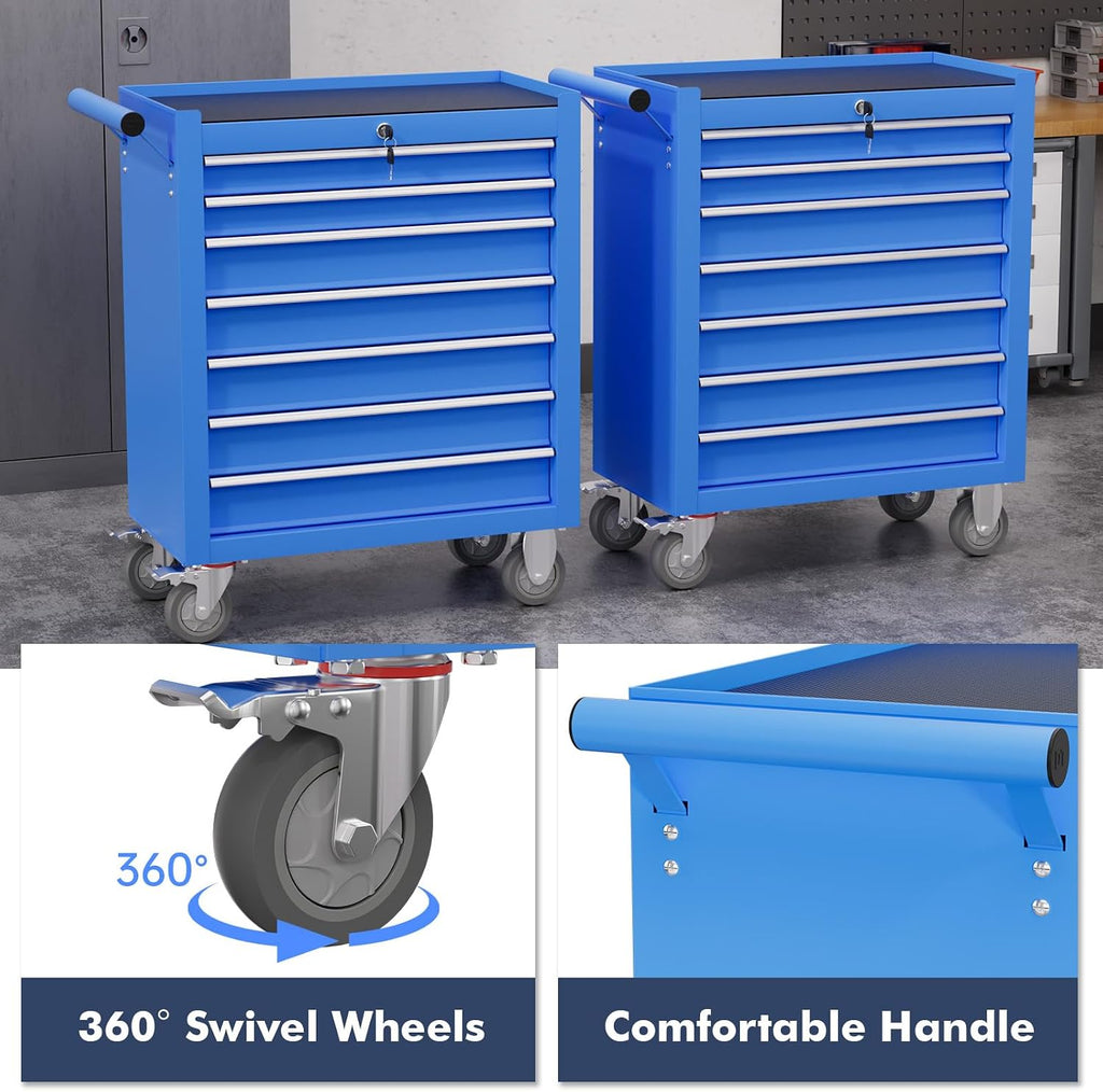 7-Drawer Tool Chest,Rolling Tool Cart with Wheels,High Capacity Tool Cabinet with Locking System for Garage, Warehouse, Workshop-Blue