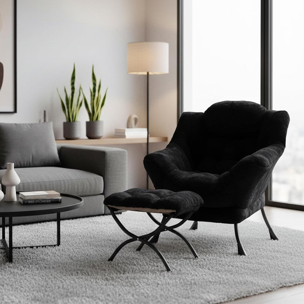 Welnow Lazy Chair with Ottoman, Modern Accent Chair with Armrests and a Side Pocket, Leisure Sofa Armchair, Reading Armchair with Footrest for Small Space, Plush Black