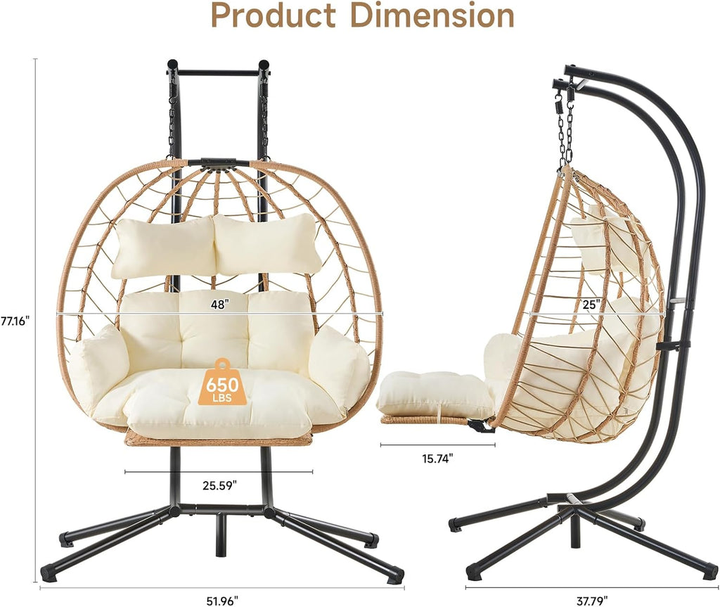 ONBRILL Double Egg Chair with Adjustable Footrest & Stand, Rattan Hammock Swing Loveseat with Cushions & Headrests, 650LBS Capacity Hanging Chairs for Outdoor & Indoor Patio, Deck, Bedroom (YE-BE)
