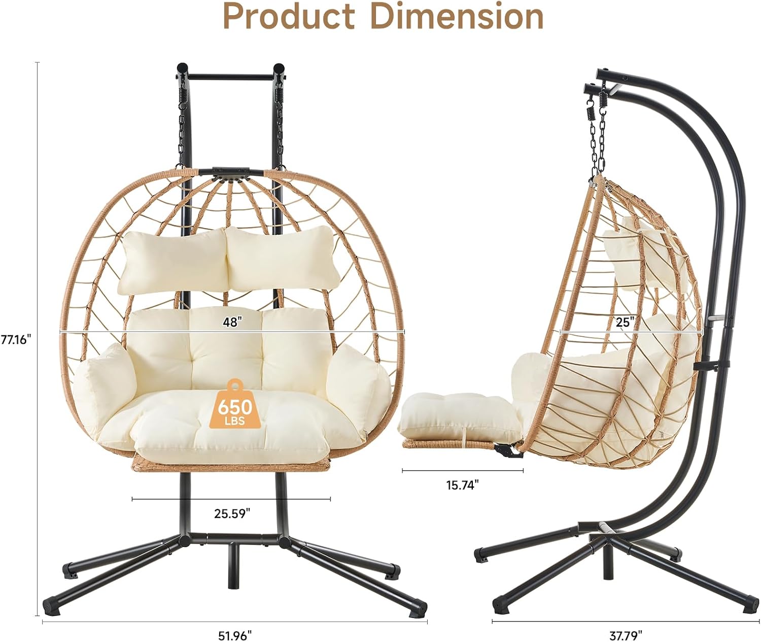 ONBRILL Double Egg Chair with Adjustable Footrest & Stand, Rattan Hammock Swing Loveseat with Cushions & Headrests, 650LBS Capacity Hanging Chairs for Outdoor & Indoor Patio, Deck, Bedroom (YE-BE)