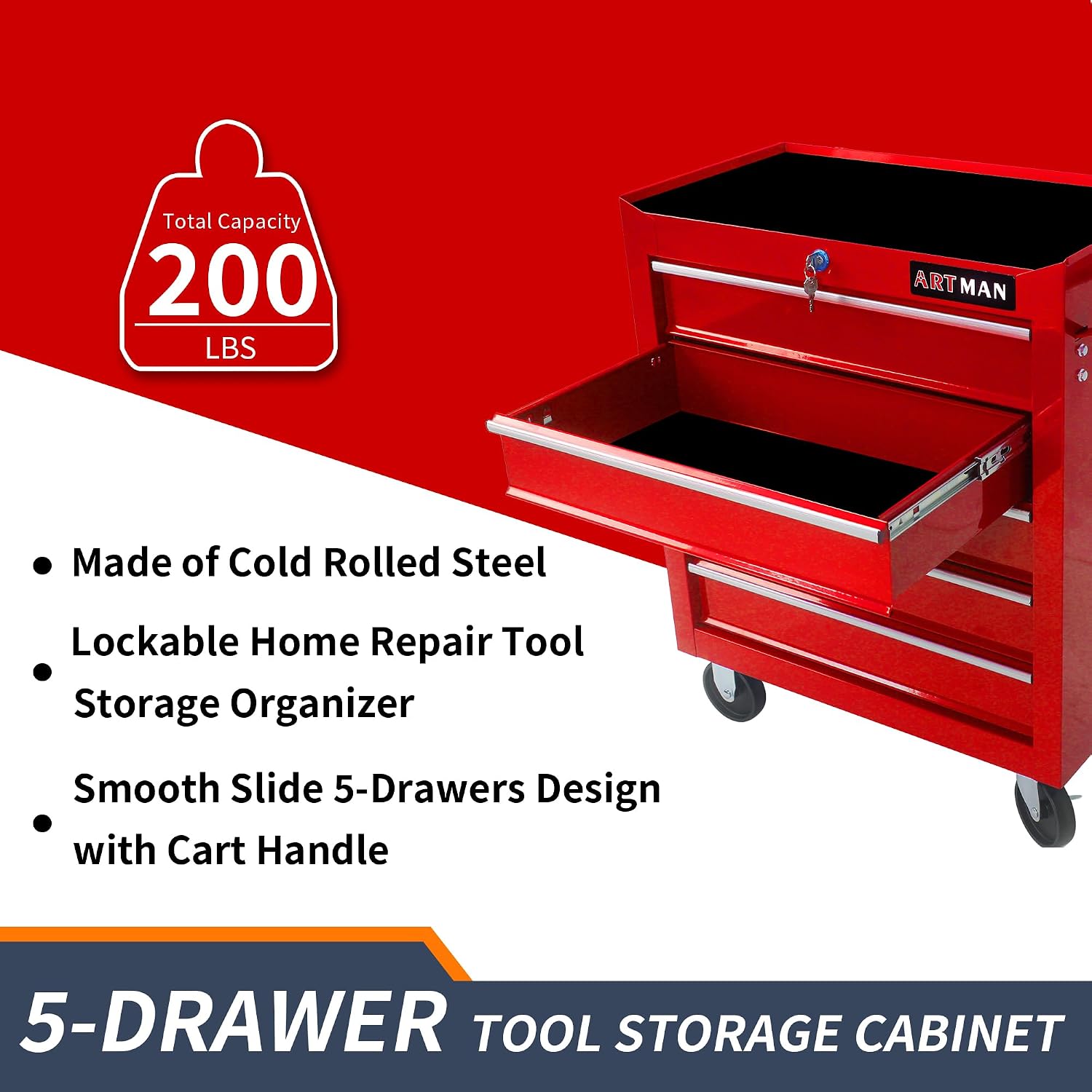 5 Drawers Rolling Tool Box，Tool Chest on Wheels, Lockable Tool Storage Cabinet Organizer Cabinet for Garage, Warehouse, Repair Shop, Workshop