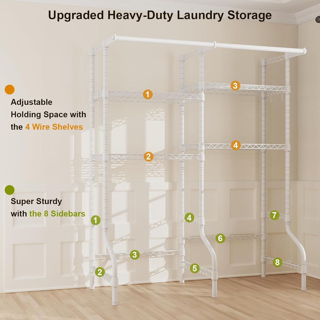 ULIFHOME U14 Medium Over the Washer and Dryer Shelves, 4 Tiers Laundry Room Storage and Organizer System, Space Saving Clothes Drying Rack with 2 Clothes Hanger Rods, 57.8'W x 20.5'D x 77.4'H, White