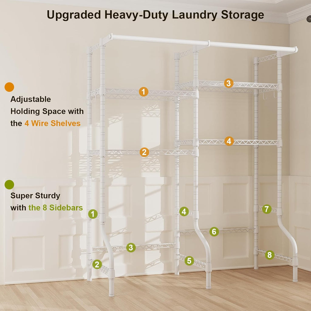 ULIFHOME U14 Over Washer and Dryer Storage Shelves, 4 Tiers Laundry Room Storage and Organizer System, Space Saving Clothes Drying Rack with 2 Clothes Hanger Rods, 66.5' W x 20.5' D x 77.4' H, White