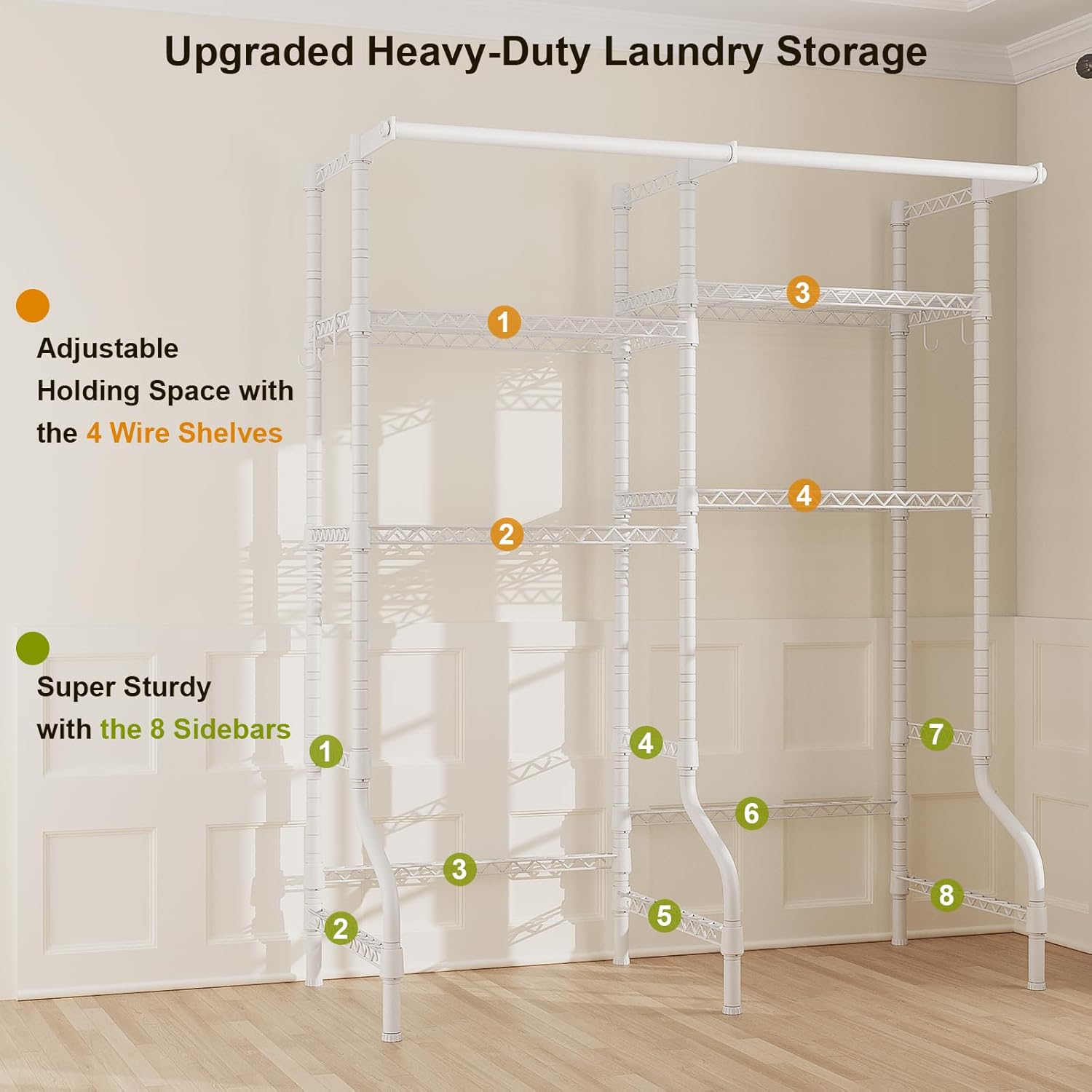 ULIFHOME U14 Over Washer and Dryer Storage Shelves, 4 Tiers Laundry Room Storage and Organizer System, Space Saving Clothes Drying Rack with 2 Clothes Hanger Rods, 66.5' W x 20.5' D x 77.4' H, White