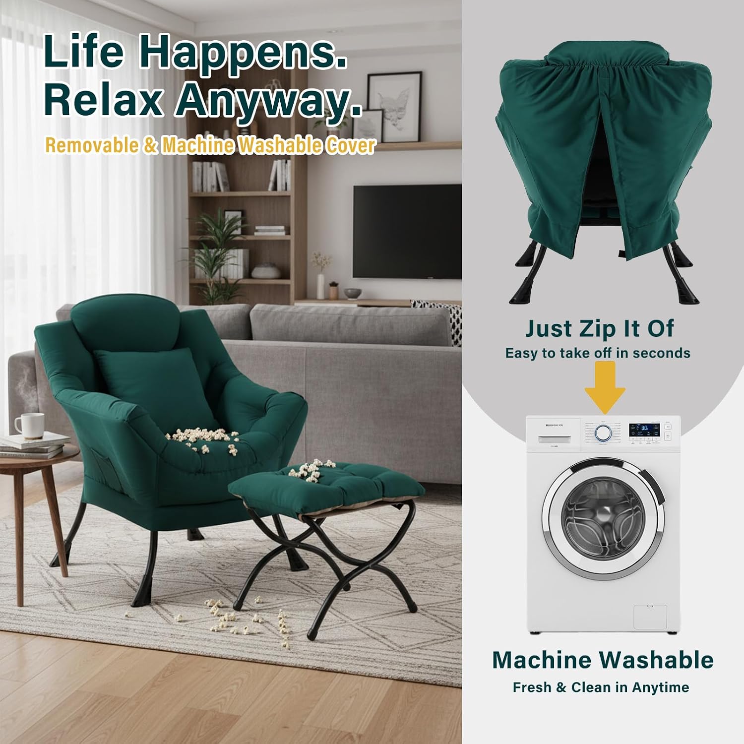 Lazy Chair with Ottoman, Large Accent Chair with Ottoman and a Throw Pillow, Dark Green Reading Chair for Living Room Bedroom Dorm Room Office Apartment Relaxing Use