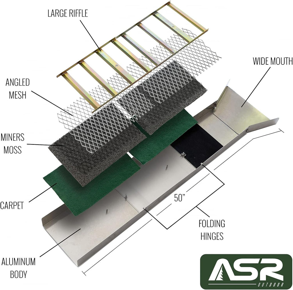 ASR Outdoor 24pc Deluxe 50' Aluminum Folding Gold Sluice Box Kit Gold Panning Tools and Backpack, Black