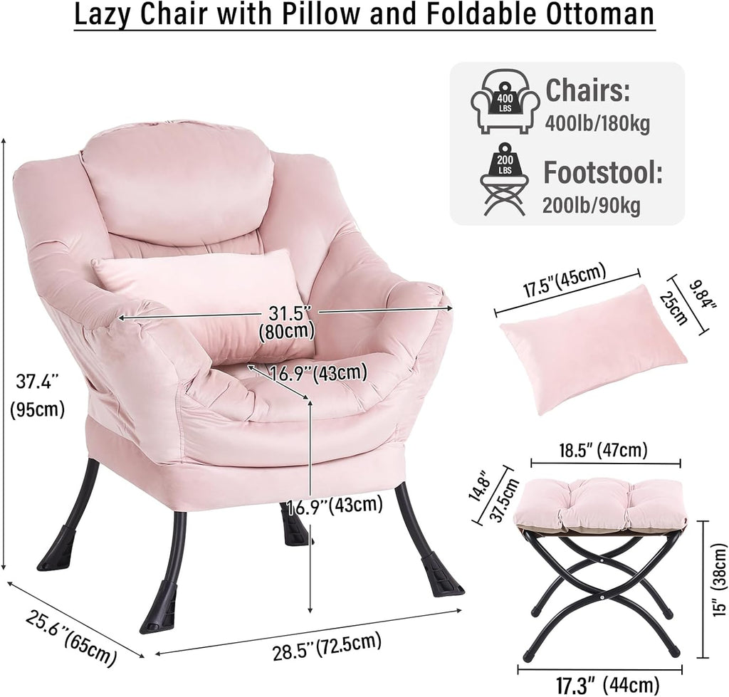 Lazy Chair with Ottoman, Modern Accent Chair with Lumbar Pillow, Velvet Pink Sofa, Armchairs with Folding Footrest, Oversized Supportive Chairs for Bedroom, Reading