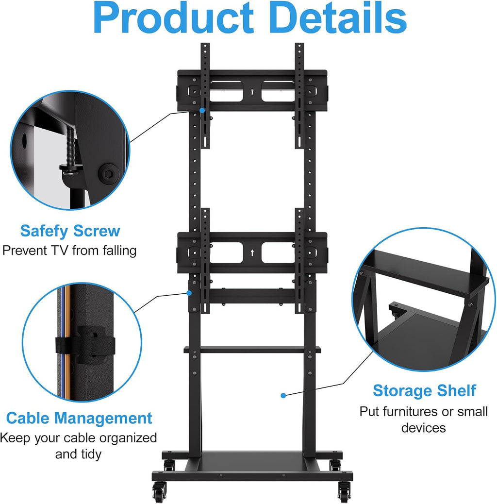 Rolling Dual TV Stand, Mobile TV Cart for Two 32-55 inch TVs with Storage and Lockable Wheels, Height Adjustable Portable TV Stand with Tilt Mount, Holds up to 132 lbs, Max VESA 600x400mm