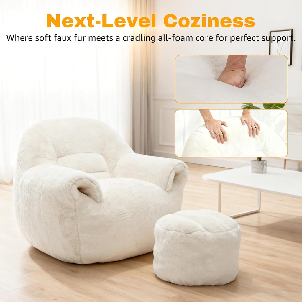 Large Bean Bag Chair with Ottoman, Giant Faux Fur Adult Bean Bag Sofa with Footrest, Ergonomic Lounge Couch for Bedroom, Living Room, Large Comfy Reading Chair Gaming (White, Single, Simple)