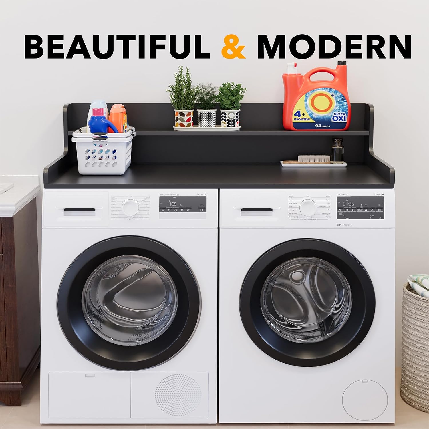 SpaceAid Washer Dryer Countertop with 2-Tier Shelf, Wood Topper with Edge, 54' Width x 27.5' Depth Cover Organizer Guard for Washer and Dryer Counter Laundry Hamper Storage (Black)