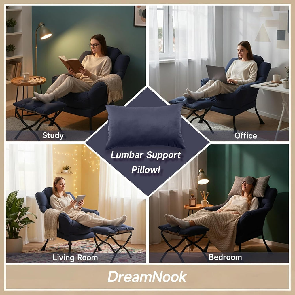 Lazy Chair with Ottoman, Modern Accent Chair with Lumbar Pillow, Navy Blue Sofa, Armchairs with Folding Footrest, Oversized Supportive Chairs for Bedroom, Reading