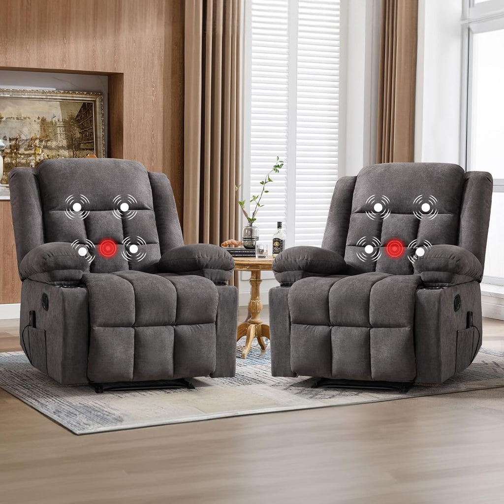 EBELLO Manual Recliner Chair for Adults with Vibration Massage and Lumbar Heating, Soft Fabric Recliner Single Sofa with Side Pocket and Two Cup Holders for Living Room, Set of Grey