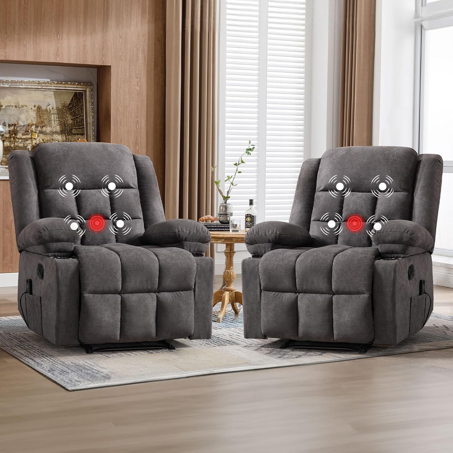 EBELLO Manual Recliner Chair for Adults with Vibration Massage and Lumbar Heating, Soft Fabric Recliner Single Sofa with Side Pocket and Two Cup Holders for Living Room, Set of Grey