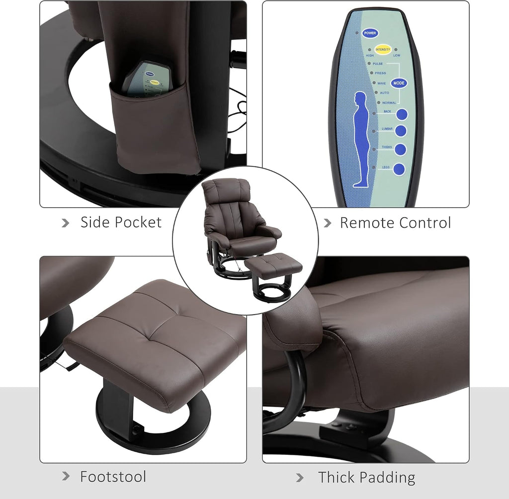 HOMCOM Massage Recliner Chair with Ottoman, 360° Swivel Recliner and Footstool, 10 Point Vibration, PU Leather Reclining Chair with Side Pocket and Remote Control, Brown