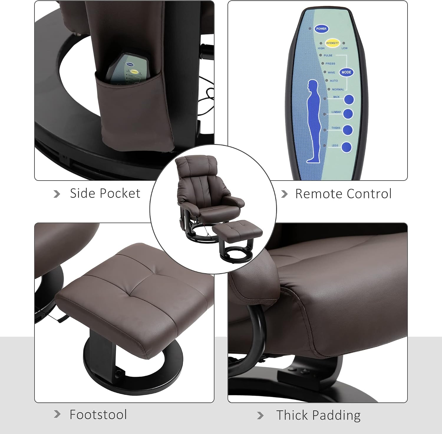 HOMCOM Massage Recliner Chair with Ottoman, 360° Swivel Recliner and Footstool, 10 Point Vibration, PU Leather Reclining Chair with Side Pocket and Remote Control, Brown