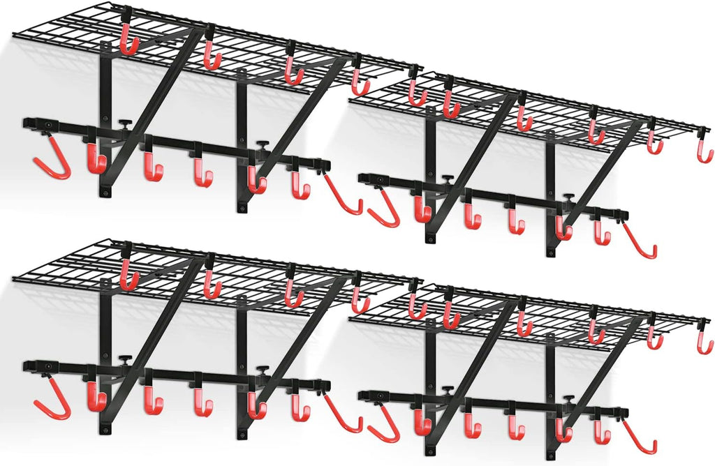 PLKOW Garage Wall Shelving 4-Pack Includes Bike Hooks, Sturdy Adjustable Garage Shelving Wall Mount Wall Organizer (Black, 4-Pack)
