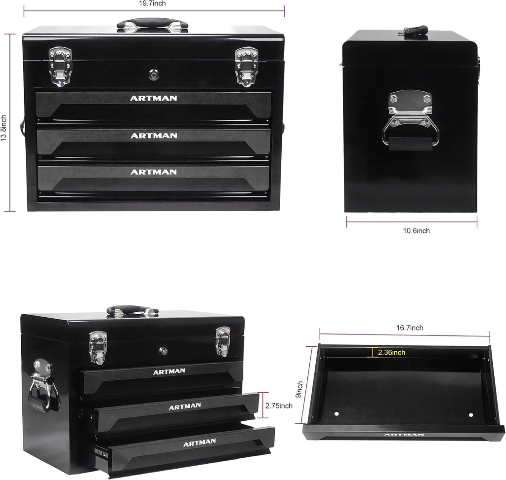 Runboll Mechanics Tool Set 339-Piece 3-Drawer Toolbox with Tools Kits Included, with pliers, ball hammer, screwdrivers, wrenches, Hex Keys, and More