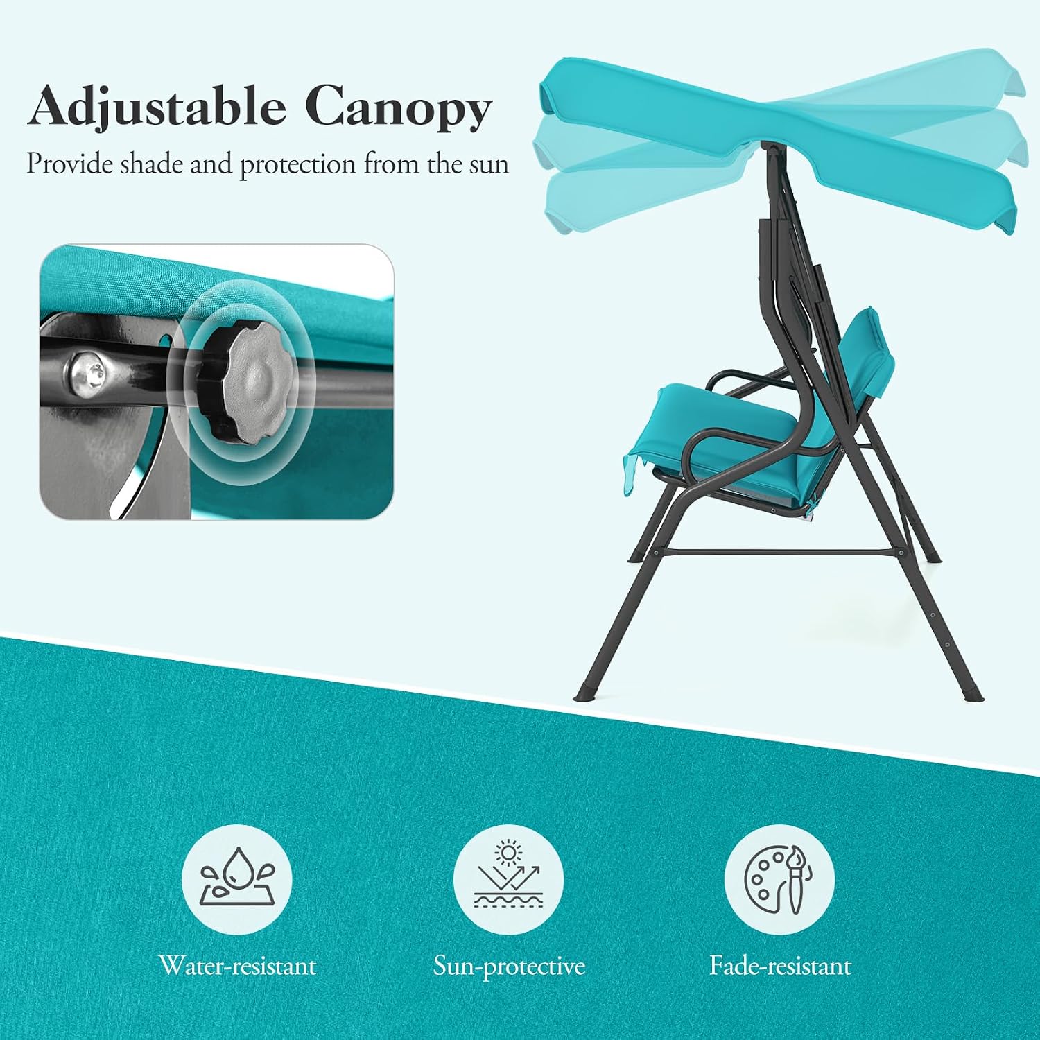 DREAMADE Porch Swing Outdoor, 3 Person Patio Swing w/Removable Cushion, Stand & Adjustable Canopy, Heavy Duty Swing Chair for Patio, Garden, Courtyard, Poolside