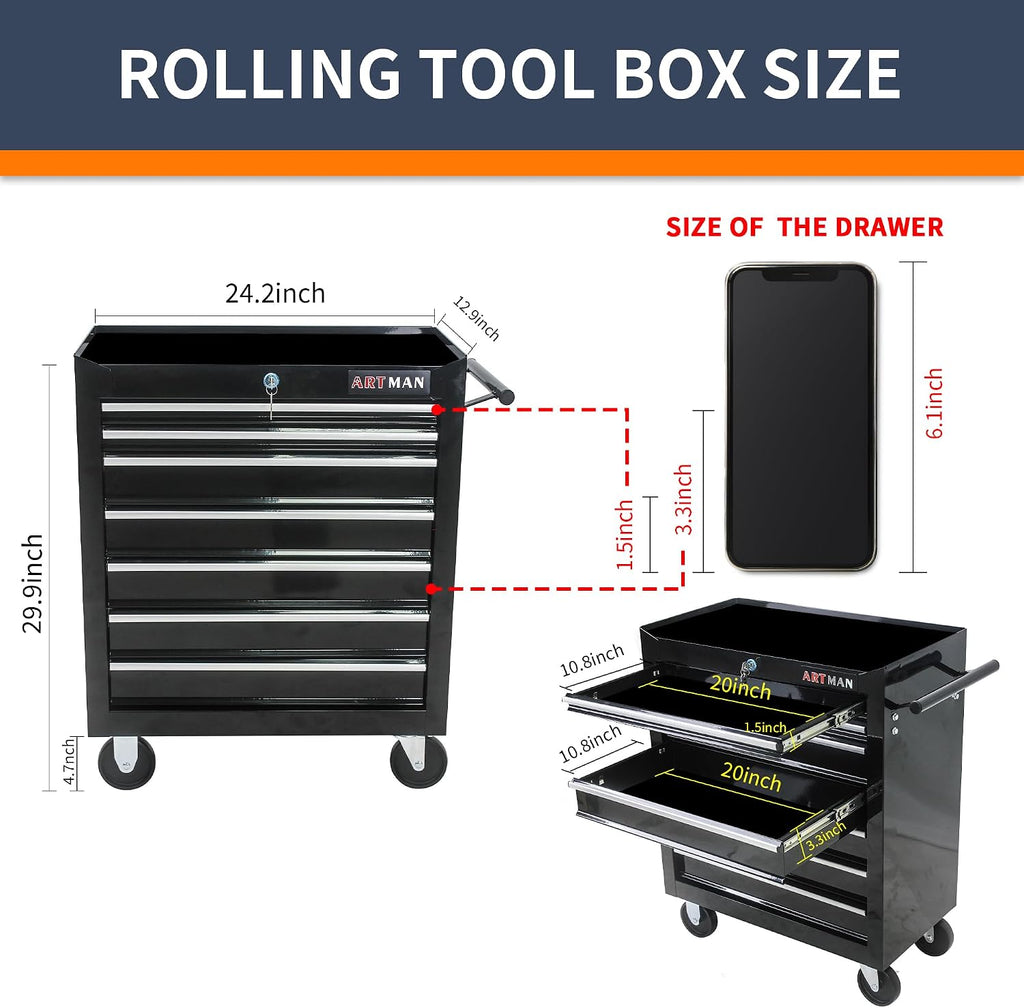 7-Drawer Rolling Tool Cart, Tool Box on Wheels,Lockable Home Repair Tool Storage Organizer, Tool Chest Cabinet for Mechanic, Garage