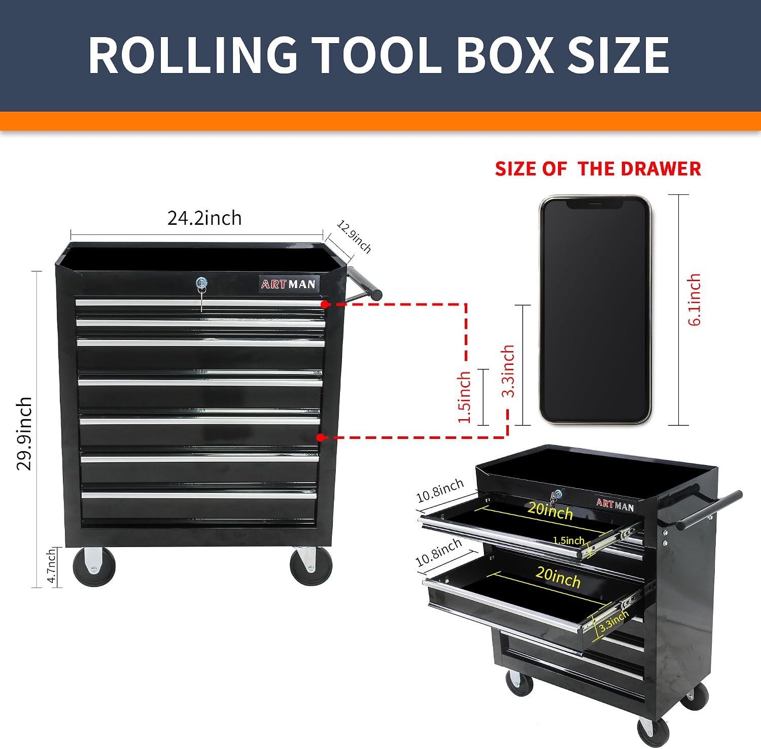 7-Drawer Rolling Tool Cart, Tool Box on Wheels,Lockable Home Repair Tool Storage Organizer, Tool Chest Cabinet for Mechanic, Garage