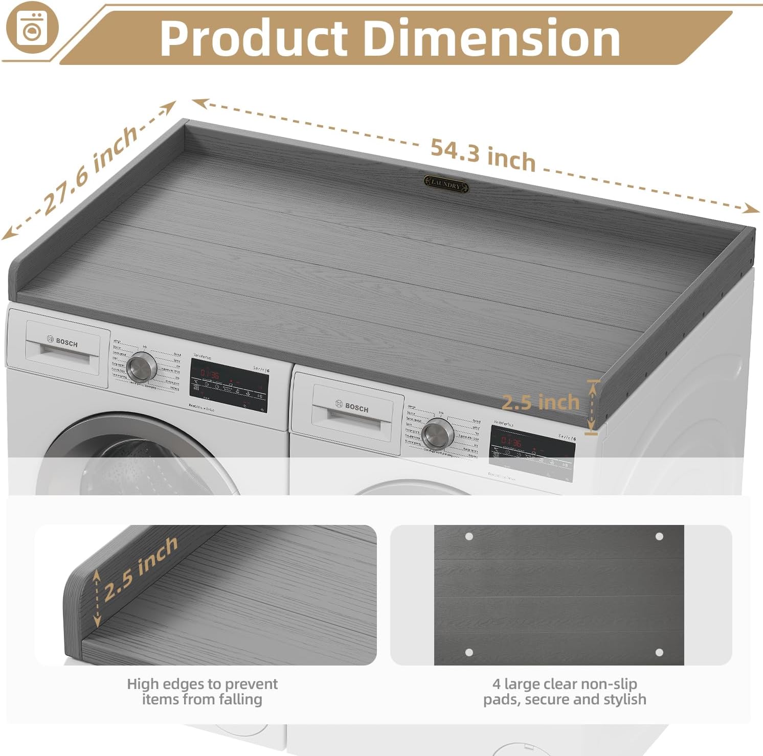 No-Installation HDPE Washer Dryer Countertop, Washer and Dryer Topper Covers for The Top, Laundry Countertop Laundry Room Organization No Water Leakage Grey