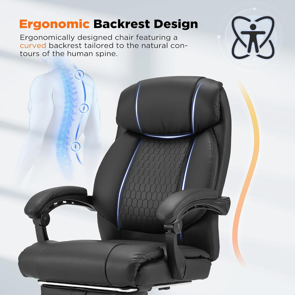HOMREST 4-Point Massage Office Chair with Heating and Footrest, Reclining Executive Leather Desk Chair, Ergonomic Heated Managerial Chair for Home Office, Black