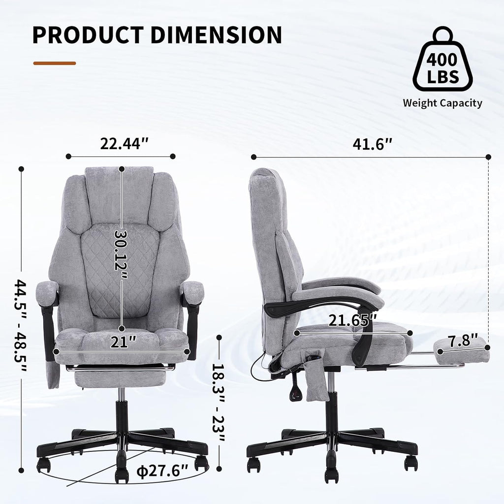Massage Office Chair with Foot Rest,High Back & Heat 6 Vibration Points, Executive Desk Chair,Big and Tall Office Chair 400lbs, Comfortable Ergonomic Reclining Managerial Chair, Grey