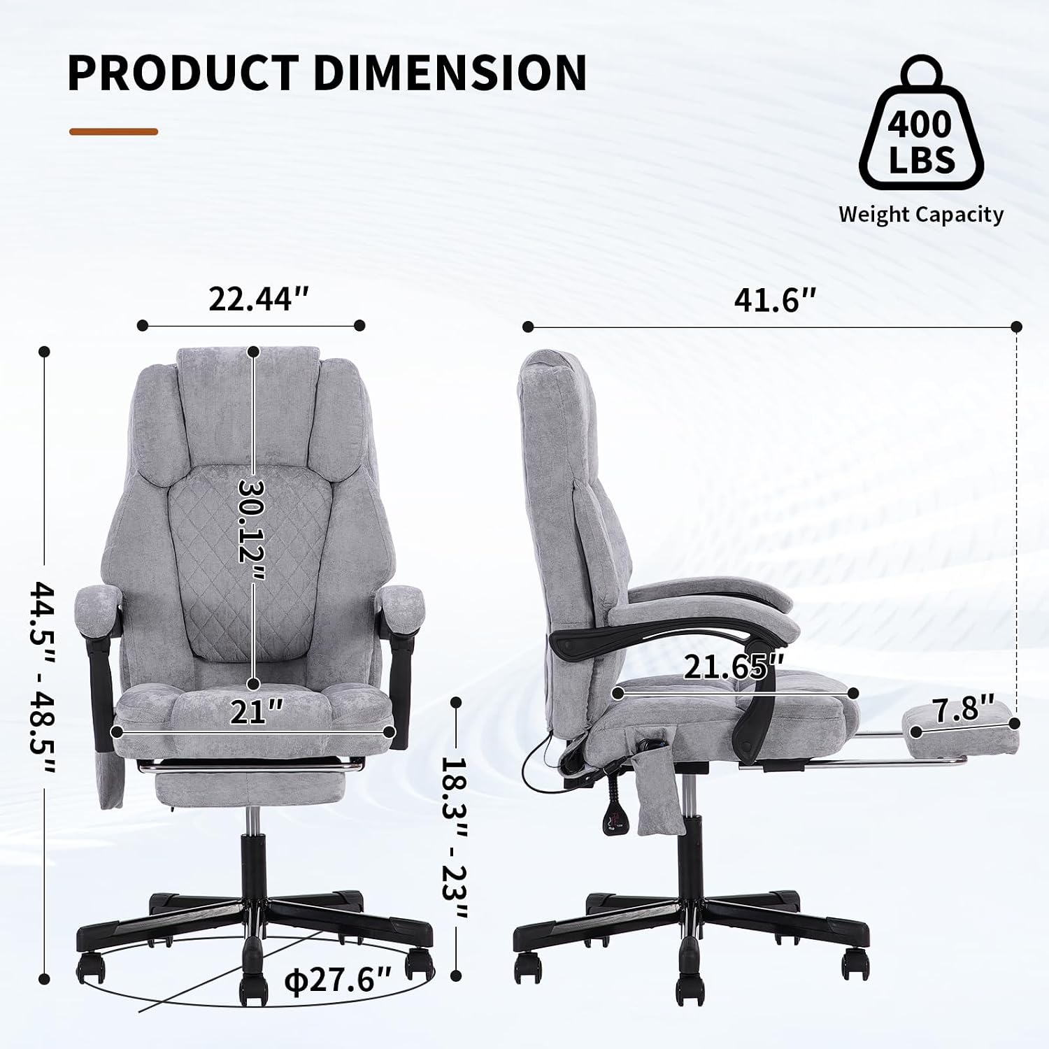 Massage Office Chair with Foot Rest,High Back & Heat 6 Vibration Points, Executive Desk Chair,Big and Tall Office Chair 400lbs, Comfortable Ergonomic Reclining Managerial Chair, Grey